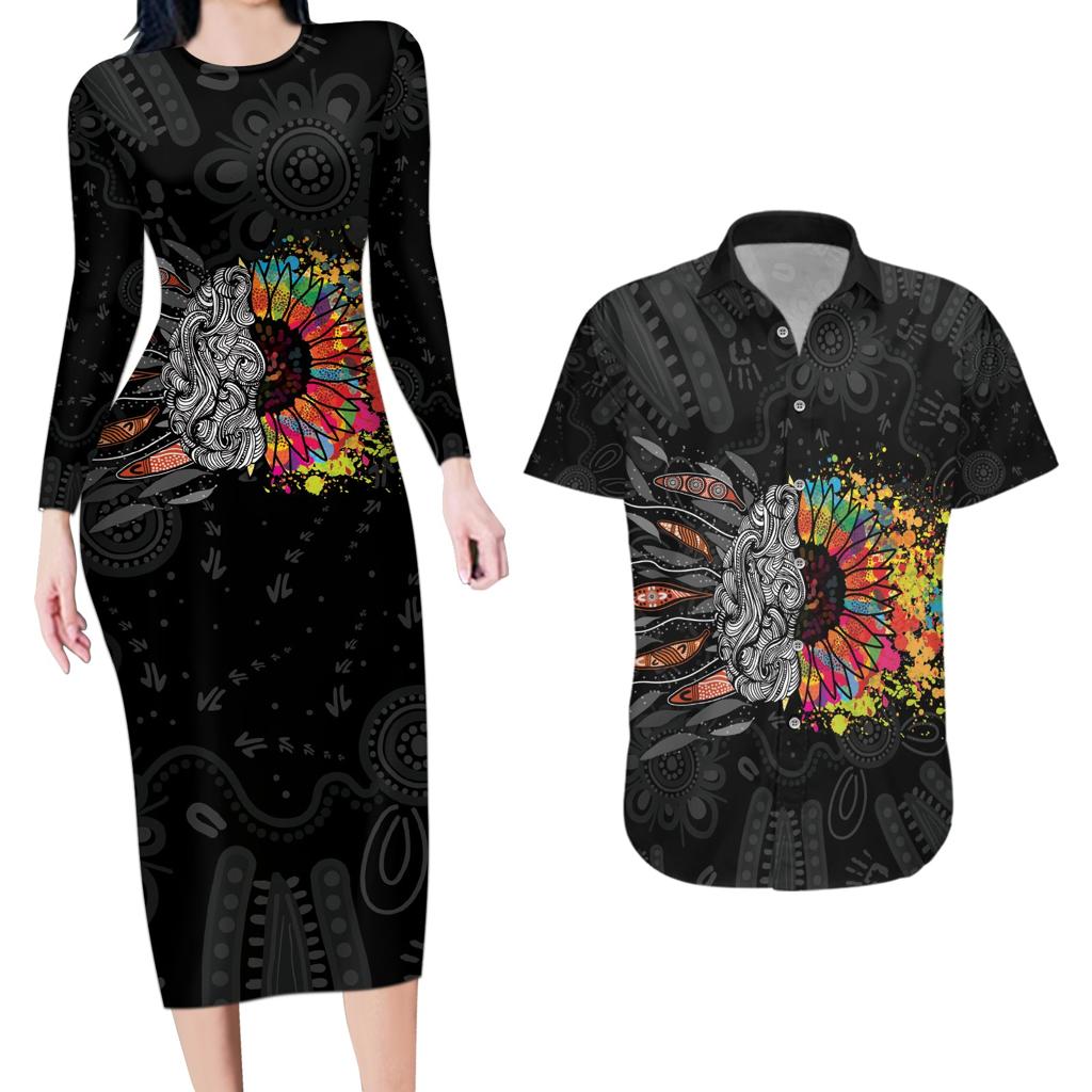 Australia Aboriginal Couples Matching Long Sleeve Bodycon Dress and Hawaiian Shirt Autism It's Okay To Be Different