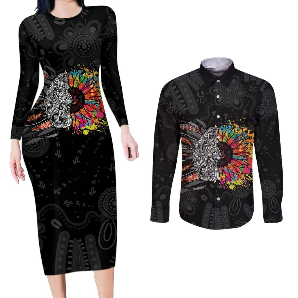 Australia Aboriginal Couples Matching Long Sleeve Bodycon Dress and Long Sleeve Button Shirt Autism It's Okay To Be Different