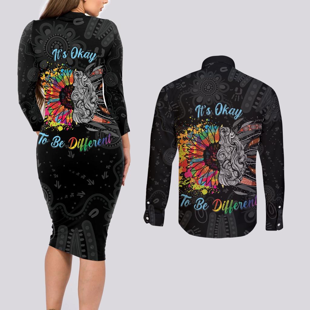Australia Aboriginal Couples Matching Long Sleeve Bodycon Dress and Long Sleeve Button Shirt Autism It's Okay To Be Different