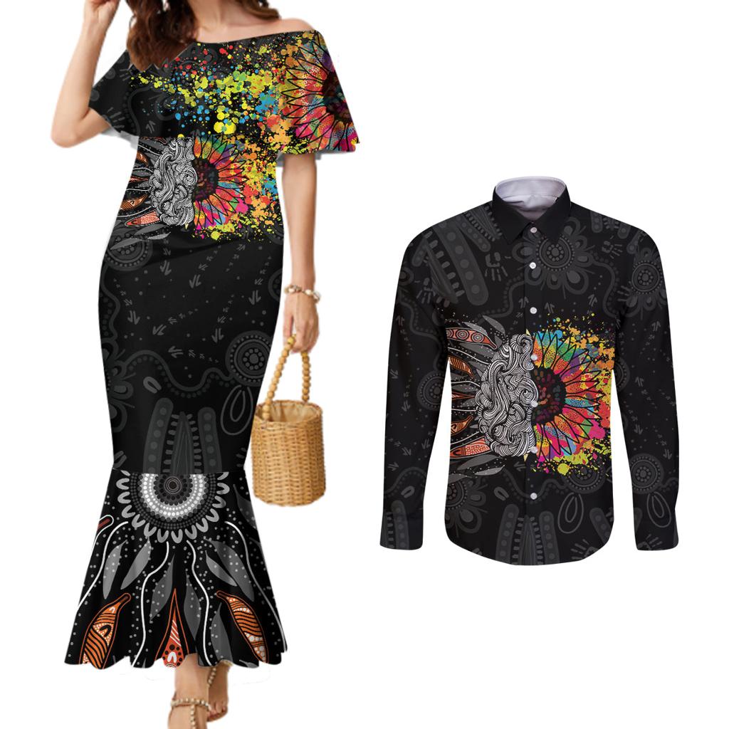 Australia Aboriginal Couples Matching Mermaid Dress and Long Sleeve Button Shirt Autism It's Okay To Be Different