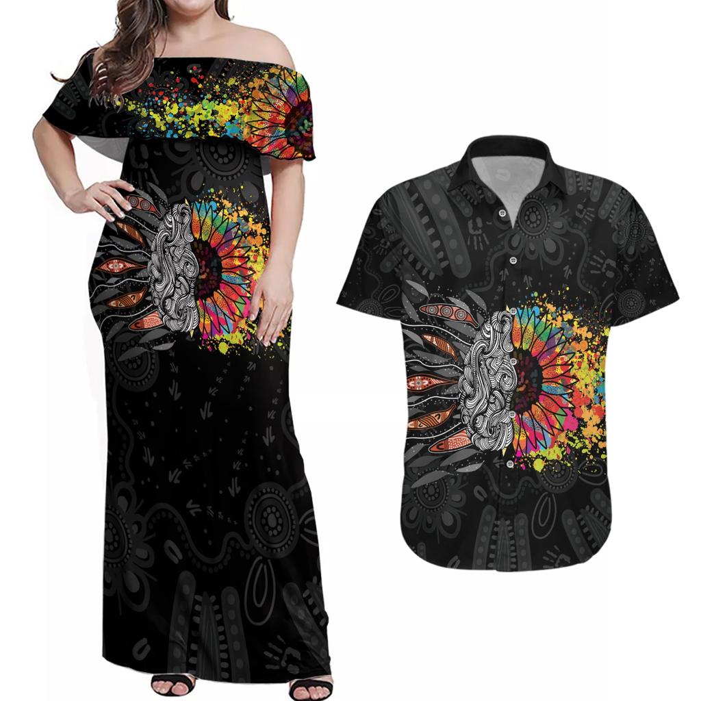 Australia Aboriginal Couples Matching Off Shoulder Maxi Dress and Hawaiian Shirt Autism It's Okay To Be Different