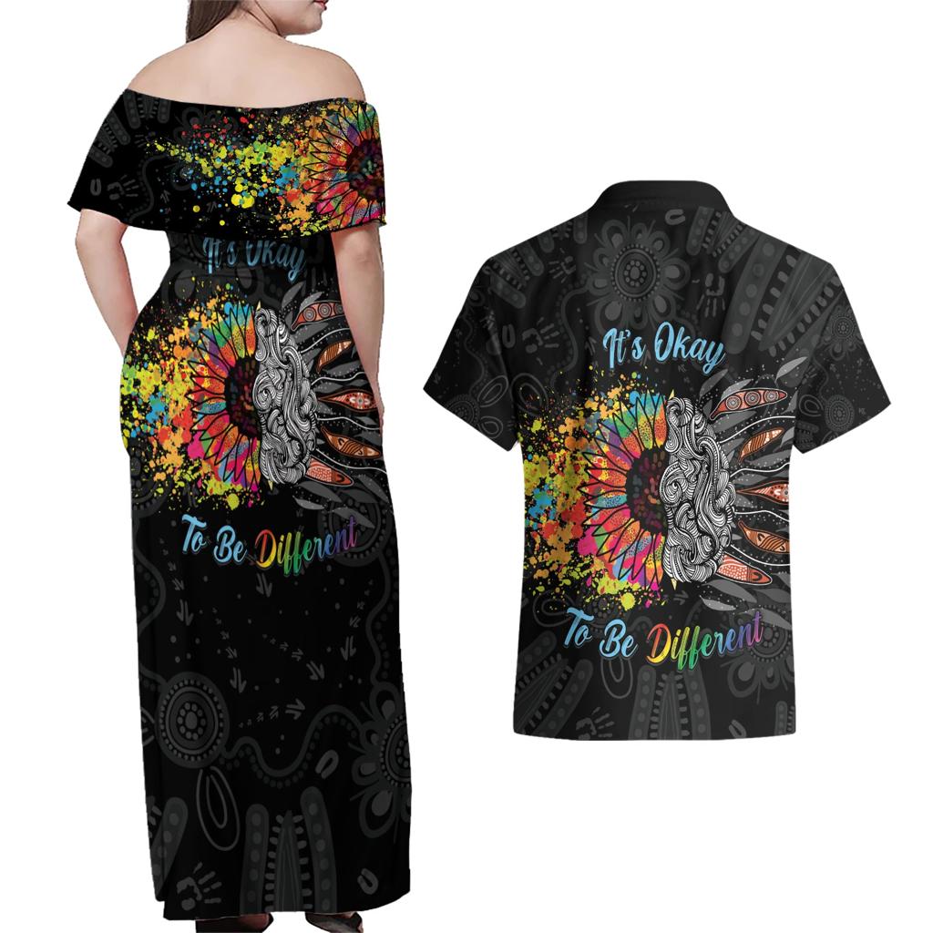 Australia Aboriginal Couples Matching Off Shoulder Maxi Dress and Hawaiian Shirt Autism It's Okay To Be Different