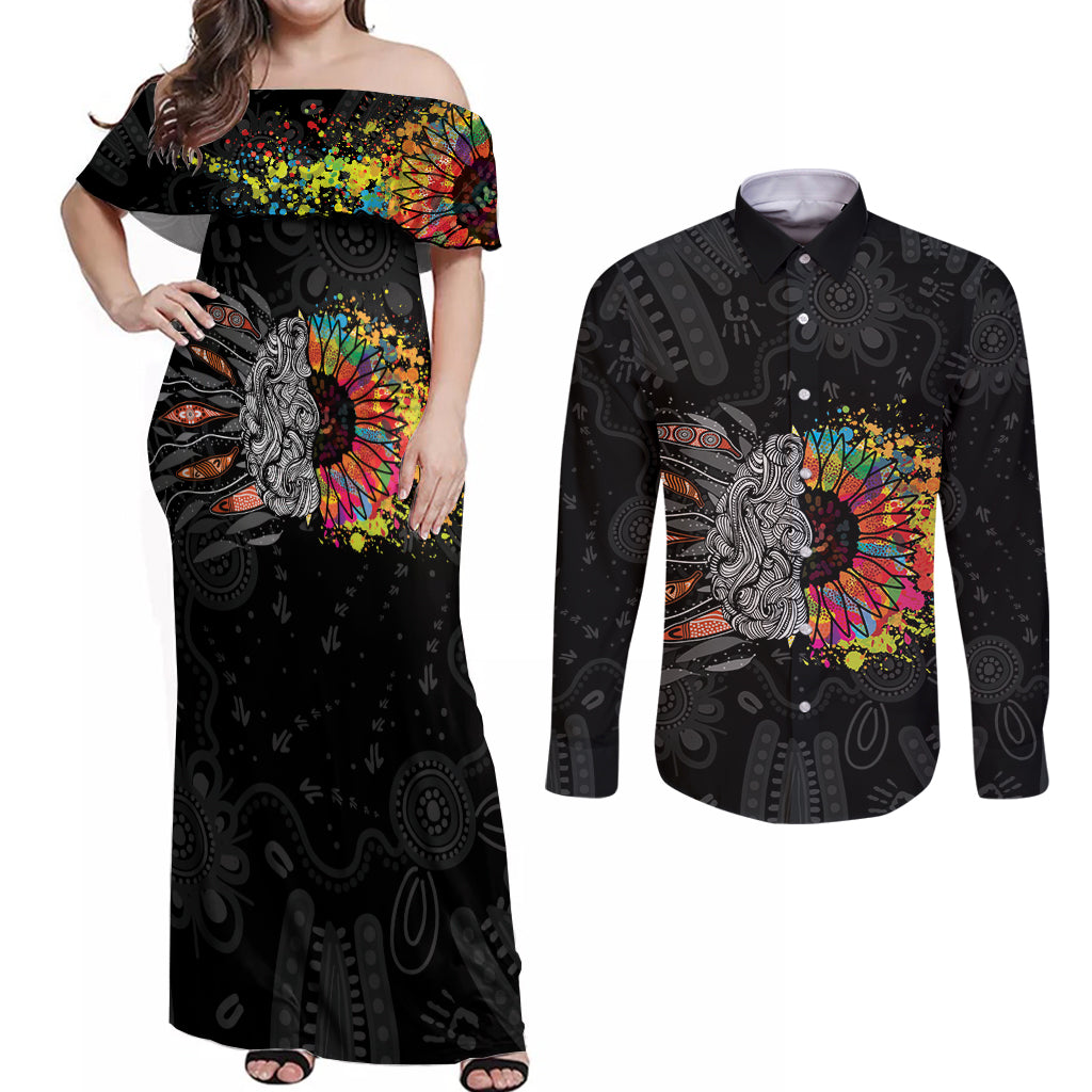Australia Aboriginal Couples Matching Off Shoulder Maxi Dress and Long Sleeve Button Shirt Autism It's Okay To Be Different