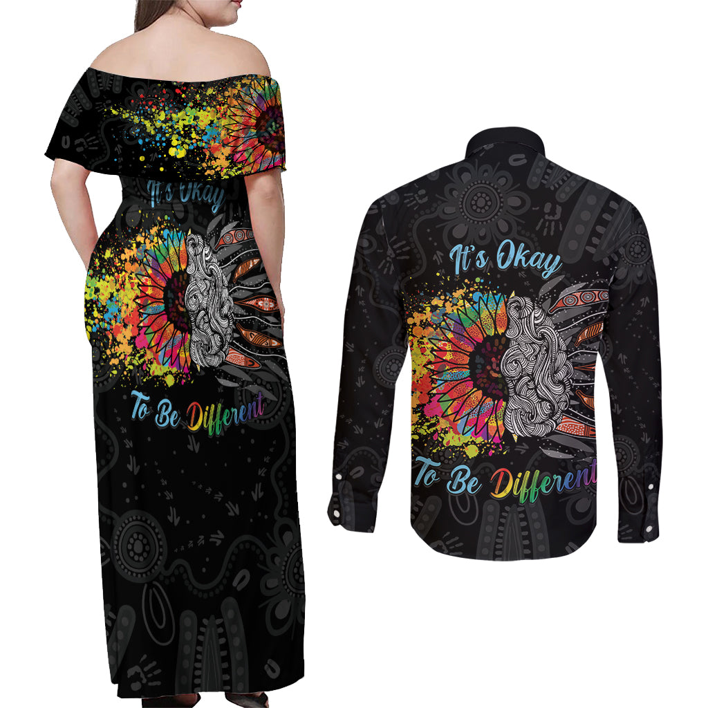 Australia Aboriginal Couples Matching Off Shoulder Maxi Dress and Long Sleeve Button Shirt Autism It's Okay To Be Different