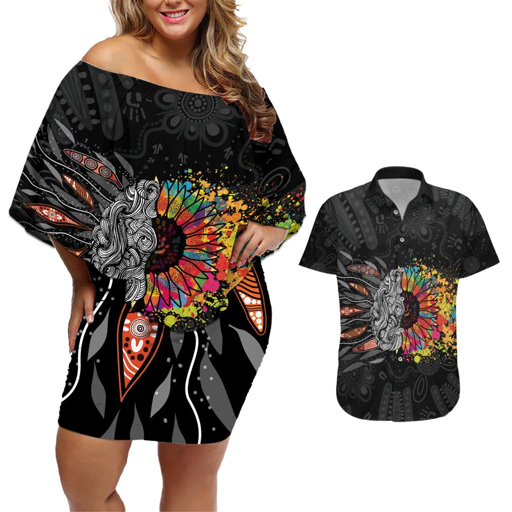 Australia Aboriginal Couples Matching Off Shoulder Short Dress and Hawaiian Shirt Autism It's Okay To Be Different