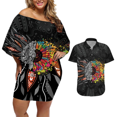 Australia Aboriginal Couples Matching Off Shoulder Short Dress and Hawaiian Shirt Autism It's Okay To Be Different