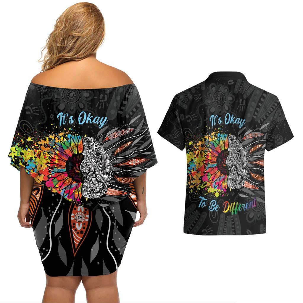 Australia Aboriginal Couples Matching Off Shoulder Short Dress and Hawaiian Shirt Autism It's Okay To Be Different