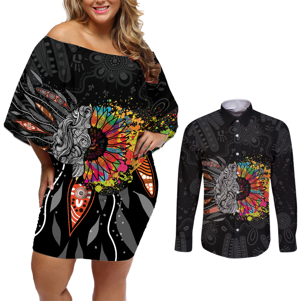 Australia Aboriginal Couples Matching Off Shoulder Short Dress and Long Sleeve Button Shirt Autism It's Okay To Be Different