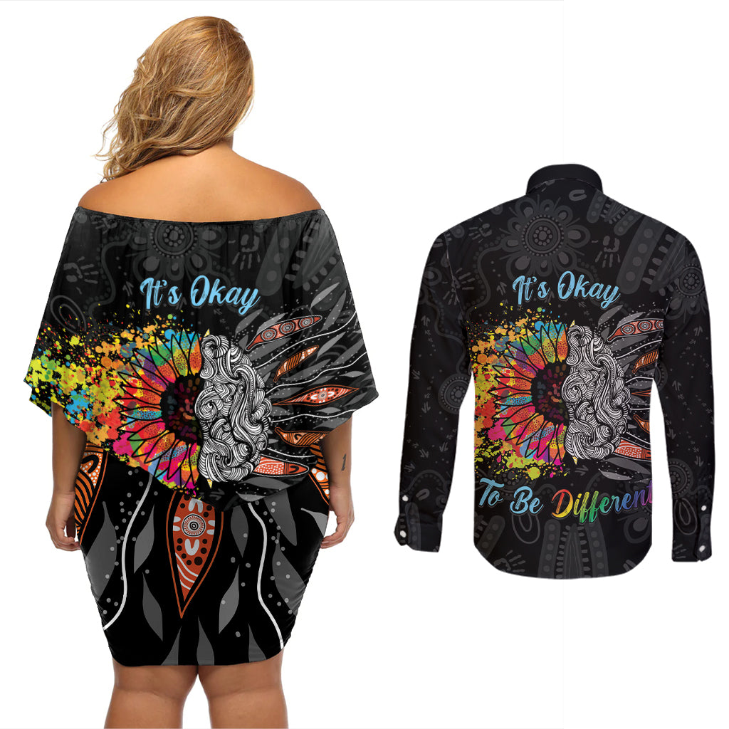 Australia Aboriginal Couples Matching Off Shoulder Short Dress and Long Sleeve Button Shirt Autism It's Okay To Be Different