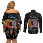 Australia Aboriginal Couples Matching Off Shoulder Short Dress and Long Sleeve Button Shirt Autism It's Okay To Be Different