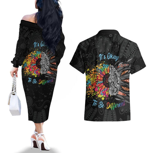 Australia Aboriginal Couples Matching Off The Shoulder Long Sleeve Dress and Hawaiian Shirt Autism It's Okay To Be Different