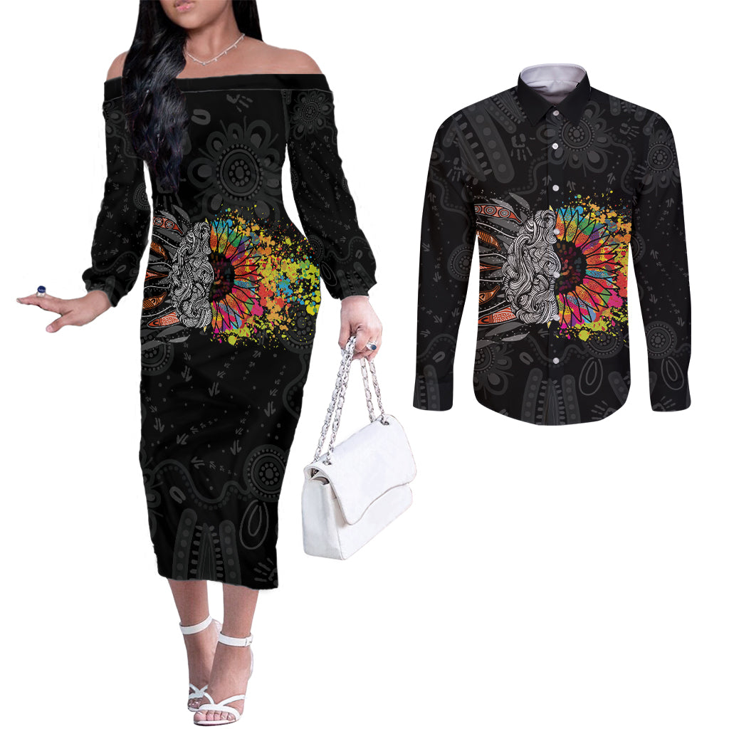 Australia Aboriginal Couples Matching Off The Shoulder Long Sleeve Dress and Long Sleeve Button Shirt Autism It's Okay To Be Different