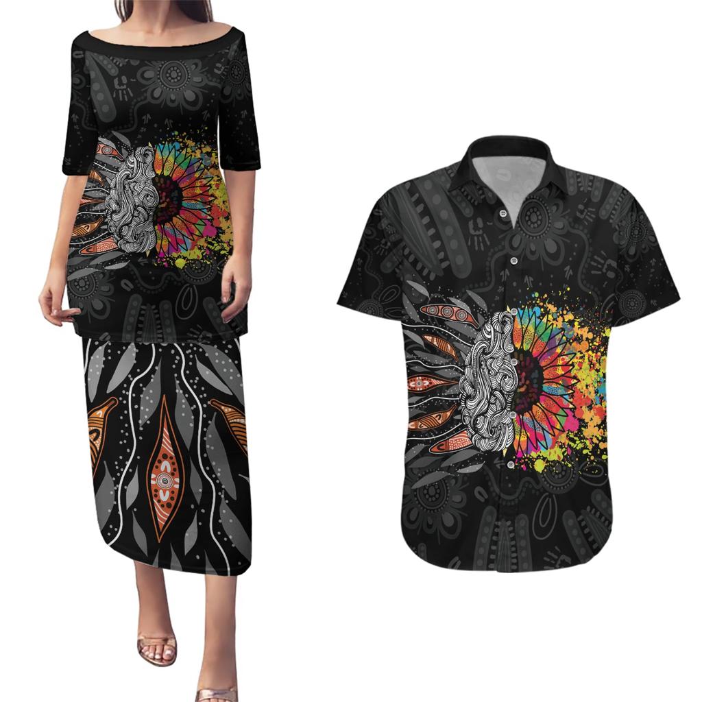 Australia Aboriginal Couples Matching Puletasi and Hawaiian Shirt Autism It's Okay To Be Different