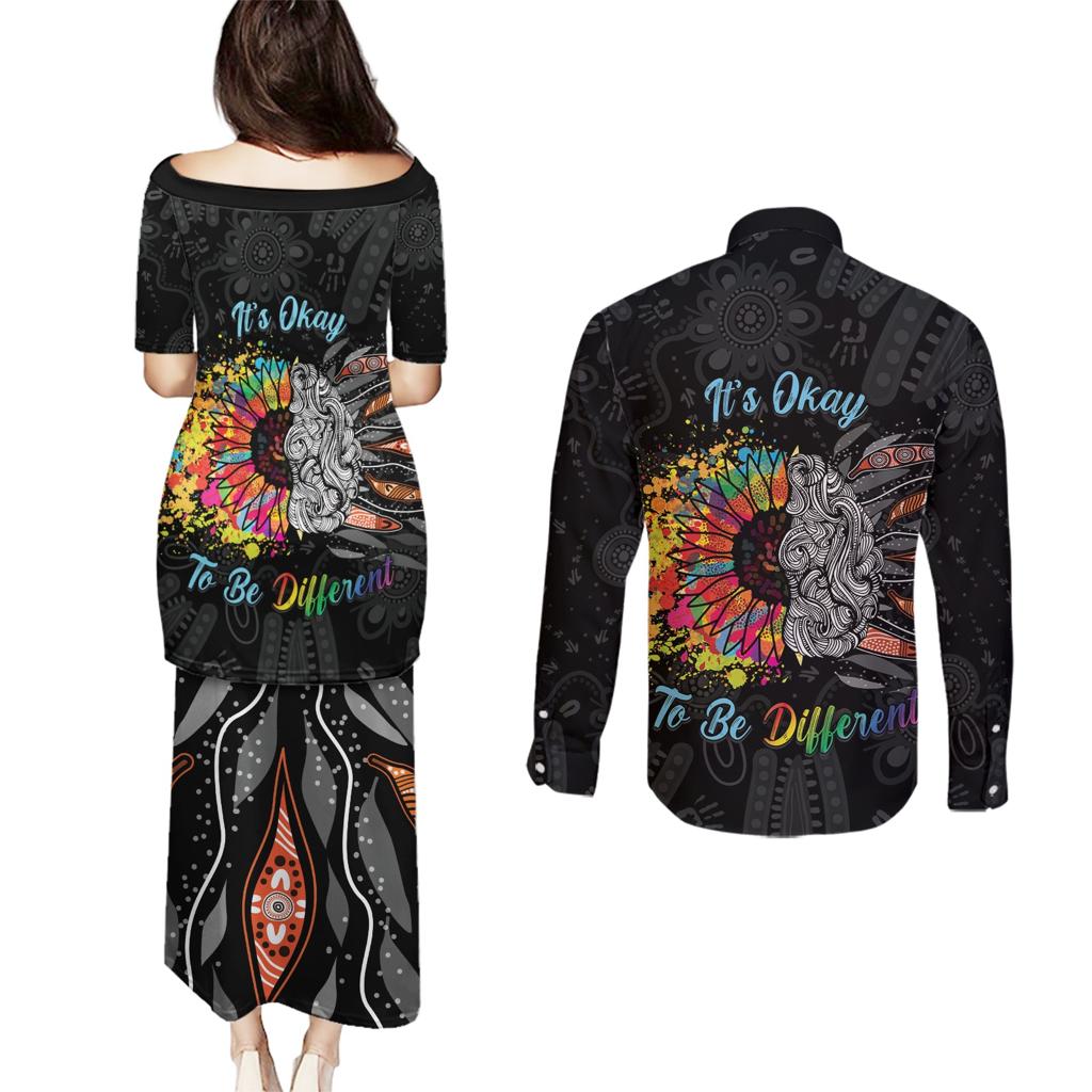 Australia Aboriginal Couples Matching Puletasi and Long Sleeve Button Shirt Autism It's Okay To Be Different