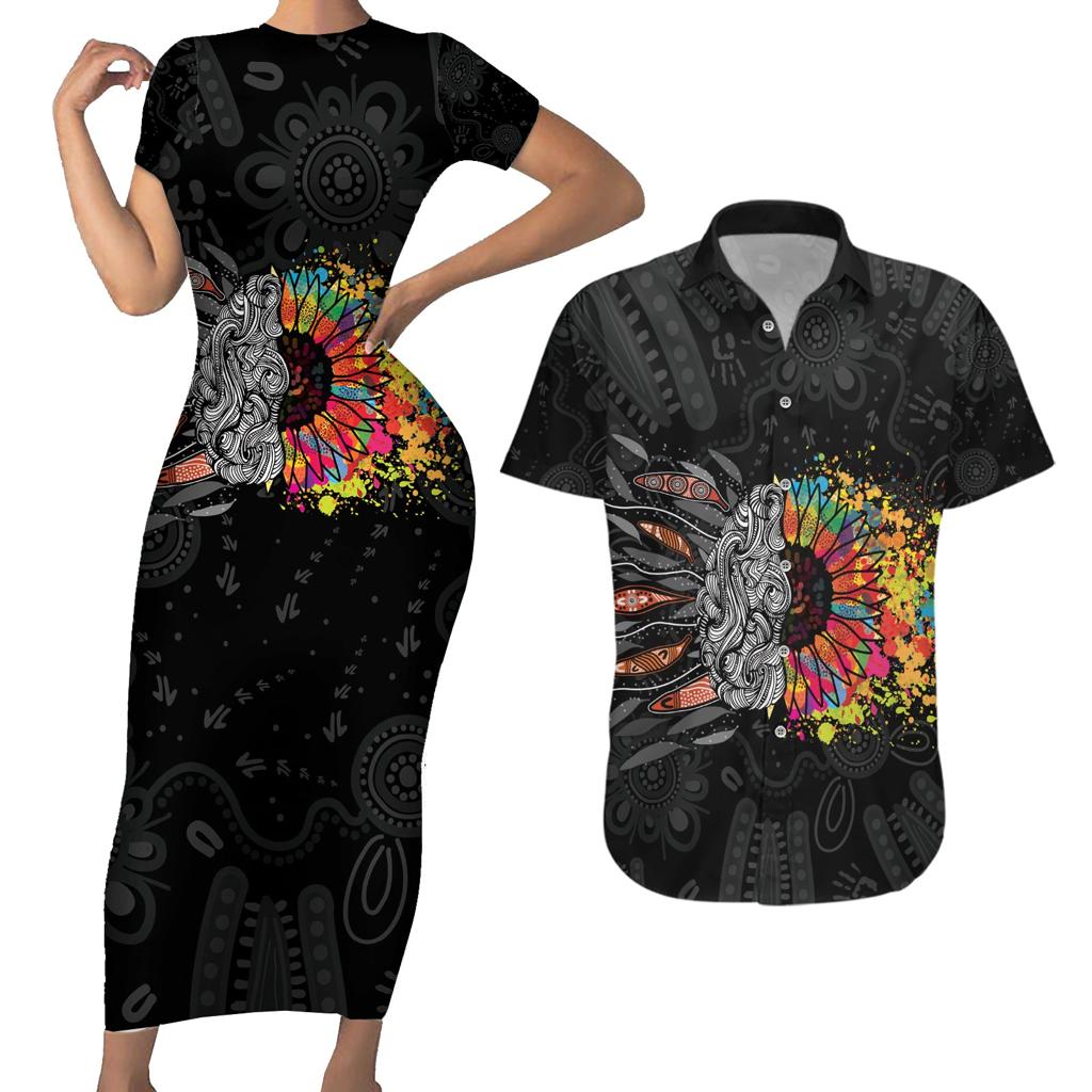 Australia Aboriginal Couples Matching Short Sleeve Bodycon Dress and Hawaiian Shirt Autism It's Okay To Be Different