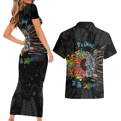 Australia Aboriginal Couples Matching Short Sleeve Bodycon Dress and Hawaiian Shirt Autism It's Okay To Be Different