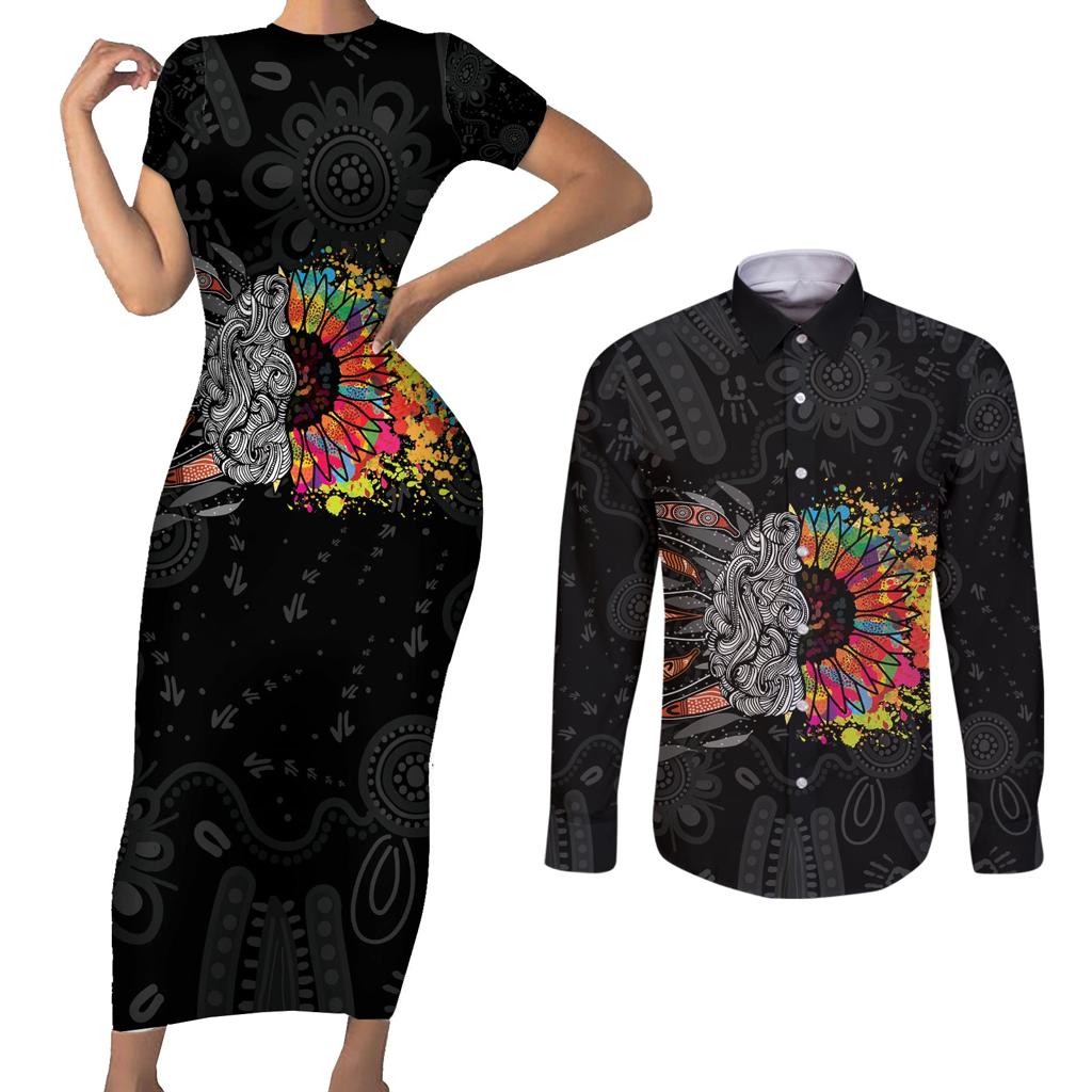 Australia Aboriginal Couples Matching Short Sleeve Bodycon Dress and Long Sleeve Button Shirt Autism It's Okay To Be Different