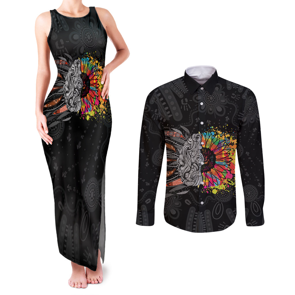 Australia Aboriginal Couples Matching Tank Maxi Dress and Long Sleeve Button Shirt Autism It's Okay To Be Different