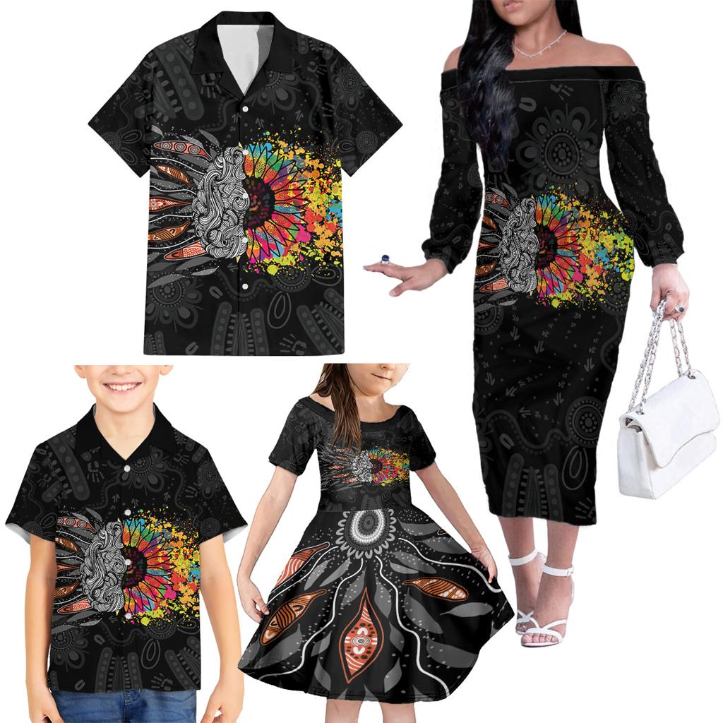 Australia Aboriginal Family Matching Off The Shoulder Long Sleeve Dress and Hawaiian Shirt Autism It's Okay To Be Different
