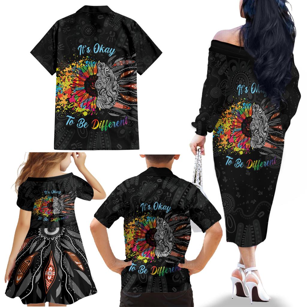 Australia Aboriginal Family Matching Off The Shoulder Long Sleeve Dress and Hawaiian Shirt Autism It's Okay To Be Different
