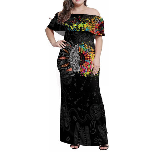 Australia Aboriginal Family Matching Off Shoulder Maxi Dress and Hawaiian Shirt Autism It's Okay To Be Different