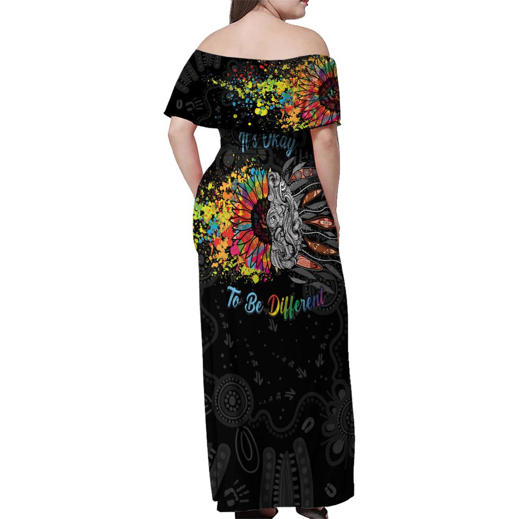 Australia Aboriginal Family Matching Off Shoulder Maxi Dress and Hawaiian Shirt Autism It's Okay To Be Different