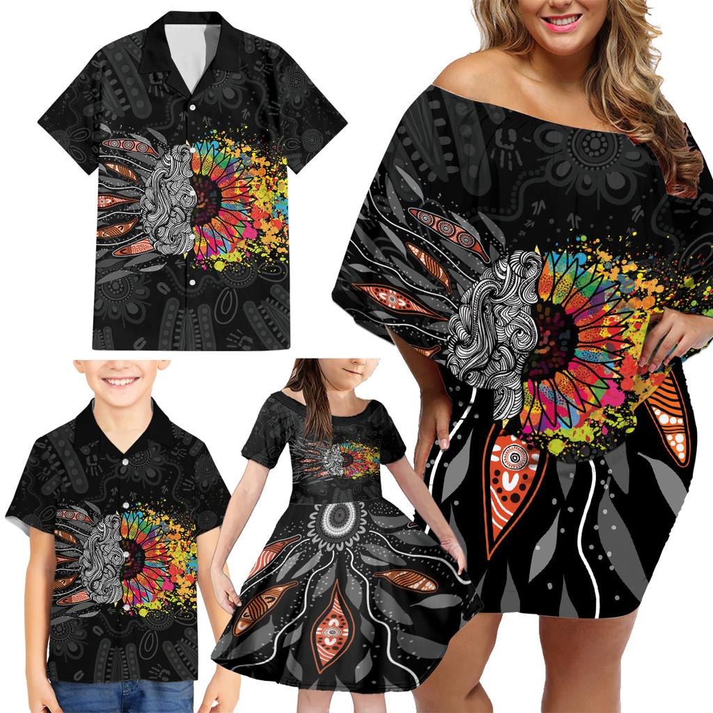 Australia Aboriginal Family Matching Off Shoulder Short Dress and Hawaiian Shirt Autism It's Okay To Be Different