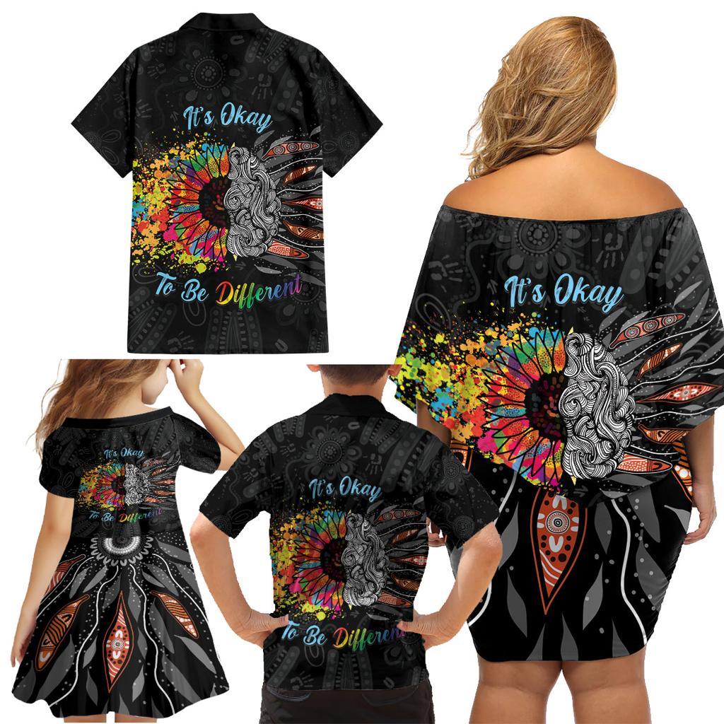 Australia Aboriginal Family Matching Off Shoulder Short Dress and Hawaiian Shirt Autism It's Okay To Be Different