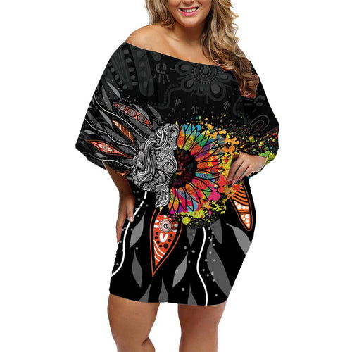 Australia Aboriginal Family Matching Off Shoulder Short Dress and Hawaiian Shirt Autism It's Okay To Be Different