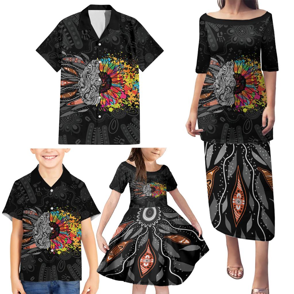 Australia Aboriginal Family Matching Puletasi and Hawaiian Shirt Autism It's Okay To Be Different