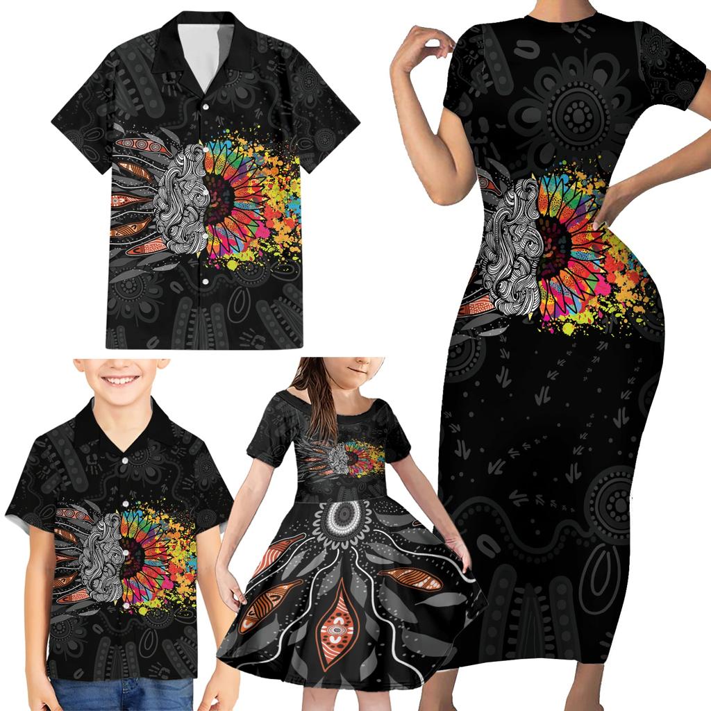 Australia Aboriginal Family Matching Short Sleeve Bodycon Dress and Hawaiian Shirt Autism It's Okay To Be Different