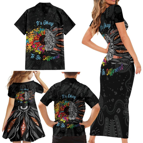 Australia Aboriginal Family Matching Short Sleeve Bodycon Dress and Hawaiian Shirt Autism It's Okay To Be Different