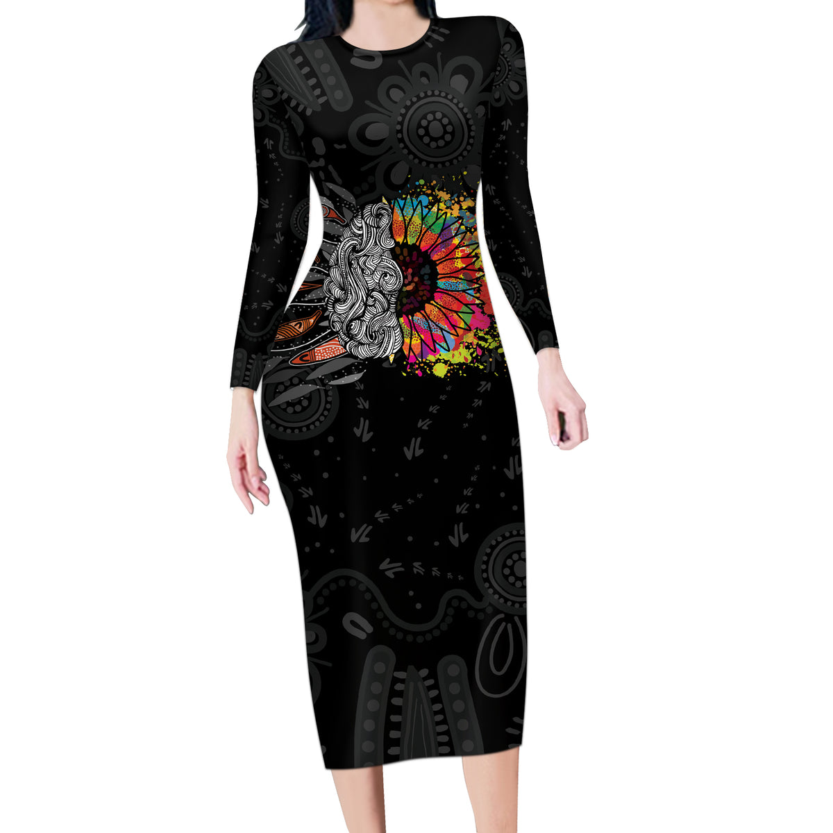 Australia Aboriginal Long Sleeve Bodycon Dress Autism It's Okay To Be Different
