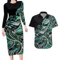 Maori Matariki - Manaia Couples Matching Long Sleeve Bodycon Dress and Hawaiian Shirt Emerald Paua Shell
