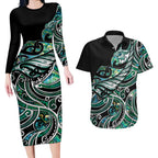 Maori Matariki - Manaia Couples Matching Long Sleeve Bodycon Dress and Hawaiian Shirt Emerald Paua Shell