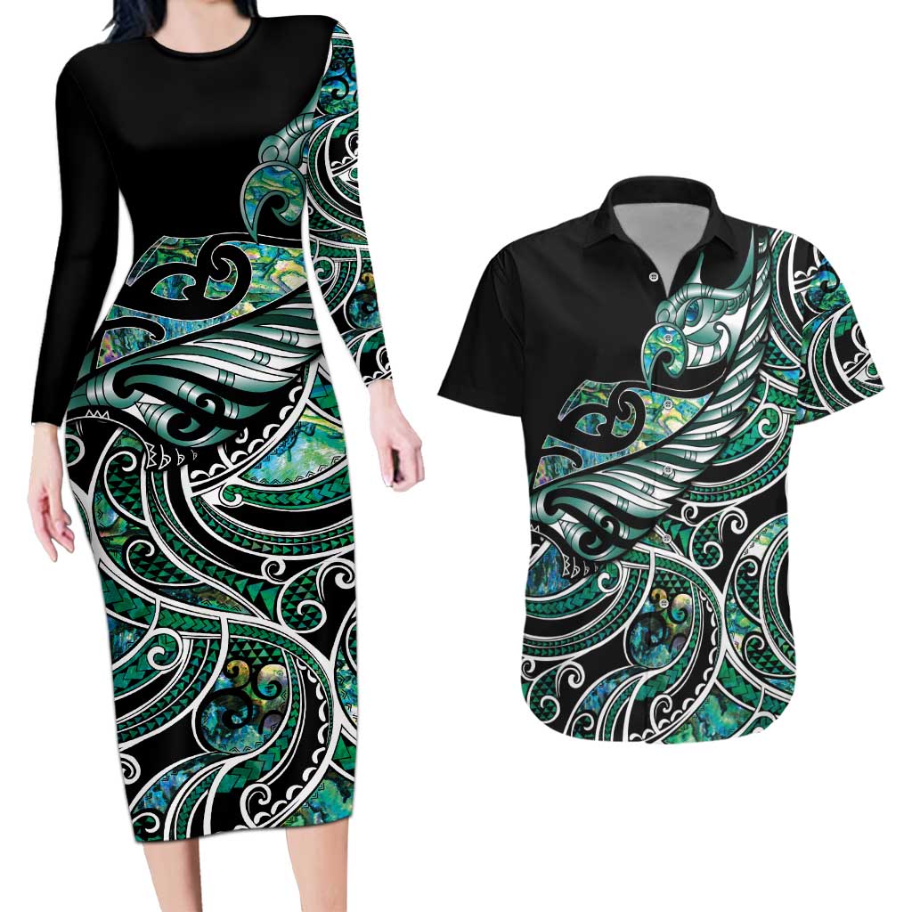 Maori Matariki - Manaia Couples Matching Long Sleeve Bodycon Dress and Hawaiian Shirt Emerald Paua Shell