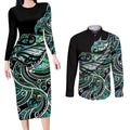 Maori Matariki - Manaia Couples Matching Long Sleeve Bodycon Dress and Long Sleeve Button Shirt Emerald Paua Shell