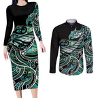Maori Matariki - Manaia Couples Matching Long Sleeve Bodycon Dress and Long Sleeve Button Shirt Emerald Paua Shell