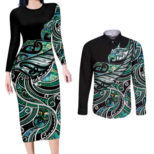 Maori Matariki - Manaia Couples Matching Long Sleeve Bodycon Dress and Long Sleeve Button Shirt Emerald Paua Shell