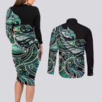 Maori Matariki - Manaia Couples Matching Long Sleeve Bodycon Dress and Long Sleeve Button Shirt Emerald Paua Shell