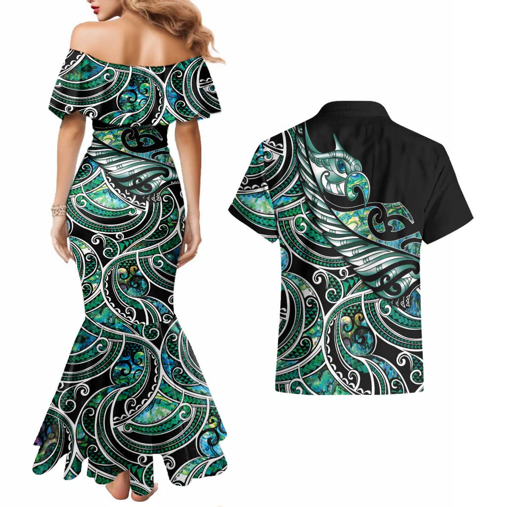 Maori Matariki - Manaia Couples Matching Mermaid Dress and Hawaiian Shirt Emerald Paua Shell