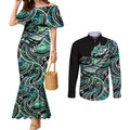 Maori Matariki - Manaia Couples Matching Mermaid Dress and Long Sleeve Button Shirt Emerald Paua Shell