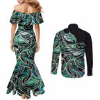 Maori Matariki - Manaia Couples Matching Mermaid Dress and Long Sleeve Button Shirt Emerald Paua Shell