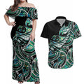 Maori Matariki - Manaia Couples Matching Off Shoulder Maxi Dress and Hawaiian Shirt Emerald Paua Shell