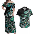 Maori Matariki - Manaia Couples Matching Off Shoulder Maxi Dress and Hawaiian Shirt Emerald Paua Shell