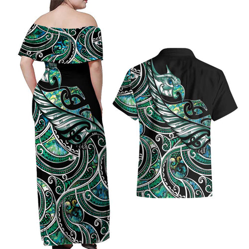 Maori Matariki - Manaia Couples Matching Off Shoulder Maxi Dress and Hawaiian Shirt Emerald Paua Shell
