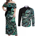 Maori Matariki - Manaia Couples Matching Off Shoulder Maxi Dress and Long Sleeve Button Shirt Emerald Paua Shell