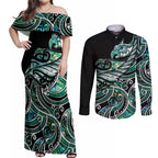 Maori Matariki - Manaia Couples Matching Off Shoulder Maxi Dress and Long Sleeve Button Shirt Emerald Paua Shell