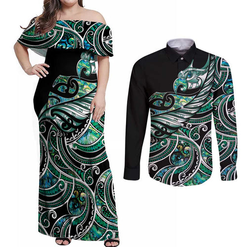 Maori Matariki - Manaia Couples Matching Off Shoulder Maxi Dress and Long Sleeve Button Shirt Emerald Paua Shell