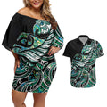 Maori Matariki - Manaia Couples Matching Off Shoulder Short Dress and Hawaiian Shirt Emerald Paua Shell